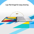 Laptop with a colorful screen and keyboard, showing a lay-flat hinge feature on a geometric background.