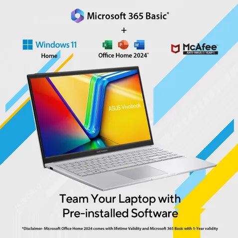 Promotional graphic for an ASUS Vivobook laptop bundle with Microsoft 365 Basic, Windows 11 Home, Office Home 2024, and McAfee security software. The silver laptop is shown open with a colorful screen, set against a white background with blue and yellow graphic accents.