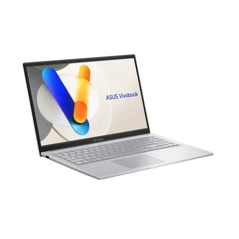 An open ASUS Vivobook laptop in a light silver-gray finish, shown at a three-quarter angle on a plain white background. The screen is active with a colorful abstract graphic and the ASUS Vivobook logo.