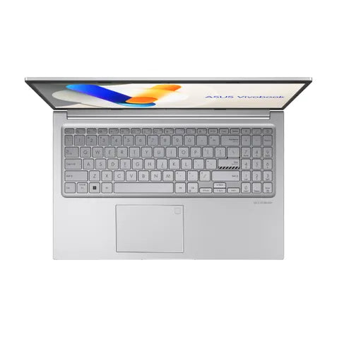 An ASUS Vivobook laptop in a metallic silver finish, shown open against a plain white background. The screen displays a colorful wallpaper with the ASUS Vivobook branding.