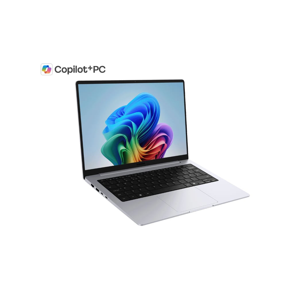 A silver laptop with a black keyboard and screen bezel, shown open on a white background. The screen displays a colorful abstract wallpaper.