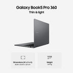 A dark gray Samsung Galaxy Book5 Pro 360 laptop shown open at an angle on a light gray background, with text above reading 'Galaxy Book5 Pro 360 Thin & light' and dimension/weight details below.