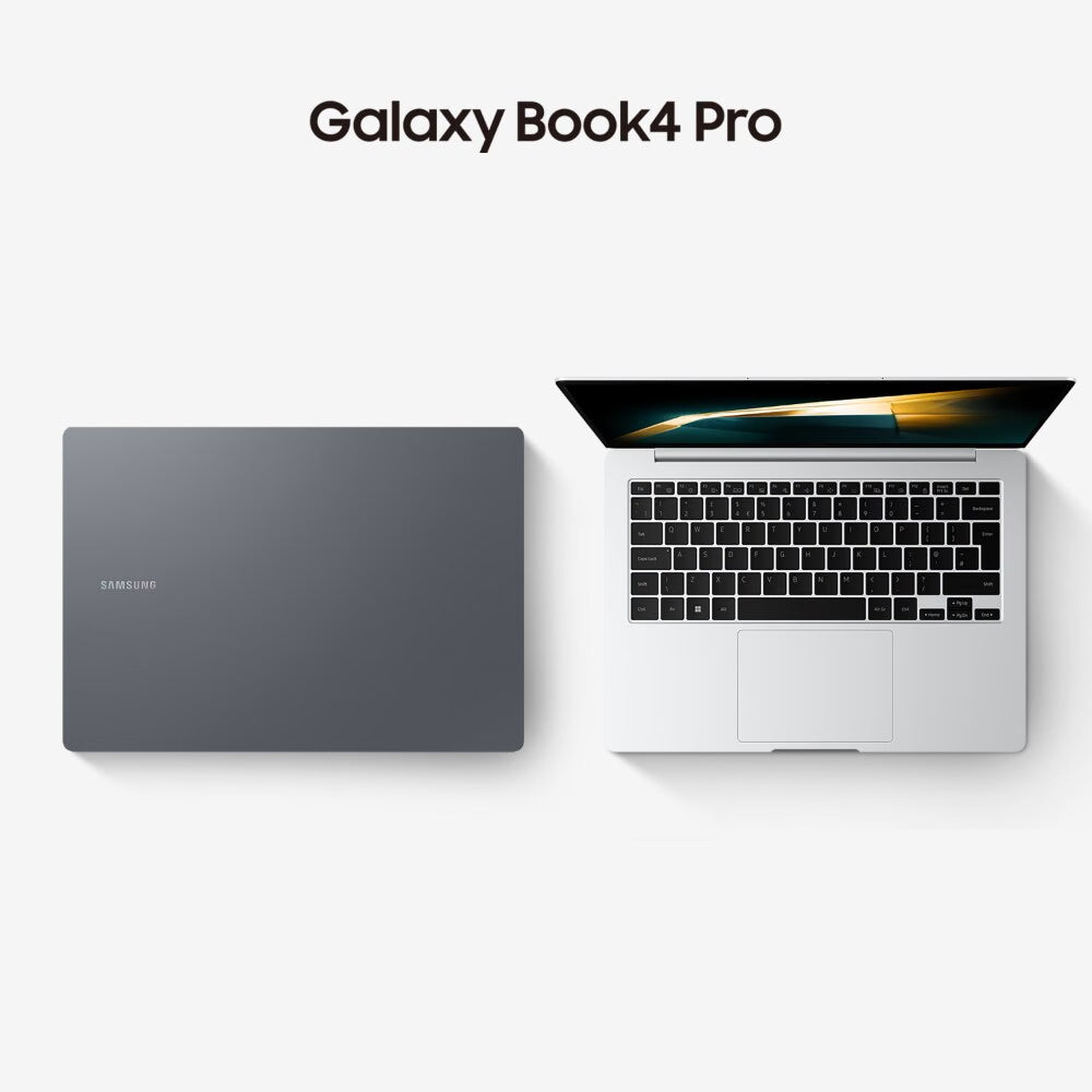 Samsung Galaxy Book4 Pro laptop shown in closed and open views on a clean white background, with the text 'Galaxy Book4 Pro' above.