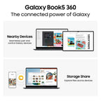 Promotional graphic for the Samsung Galaxy Book5 360, showing the laptop, tablet, and phone together with text highlighting 'Nearby Devices' and 'Storage Share' connectivity features.