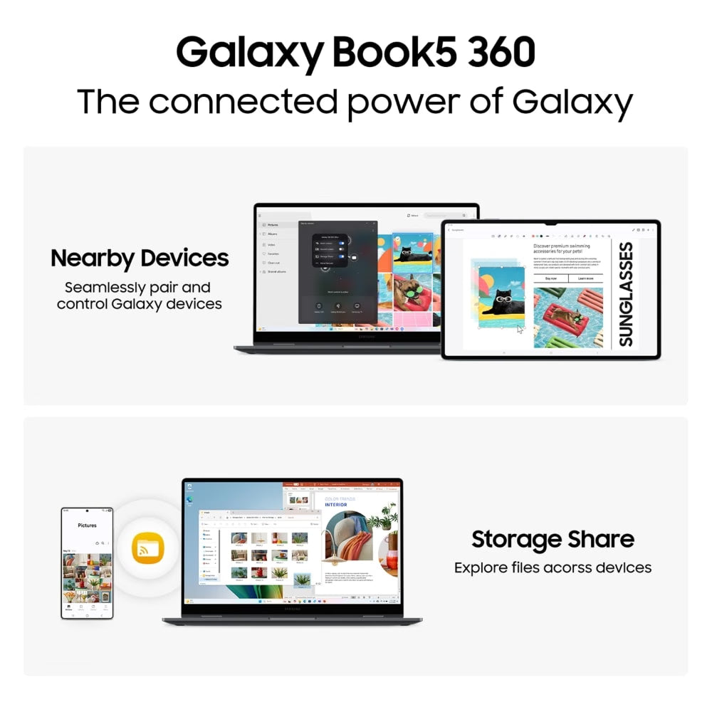 Promotional graphic for the Samsung Galaxy Book5 360, showing the laptop, tablet, and phone together with text highlighting 'Nearby Devices' and 'Storage Share' connectivity features.