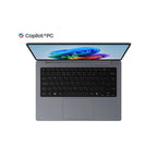 A gray Microsoft Surface laptop shown open from a front-facing angle on a white background, with the Copilot+PC logo printed above the screen.